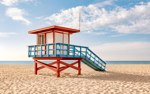 Lifeguard tower stands on sandy beach with blue ocean and cloudy sky background. Red and blue structure supports white lookout booth