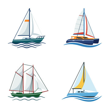 Four Colorful Sailing Boats on Waves.