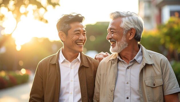 Two elderly men smiling outdoors in autumn.