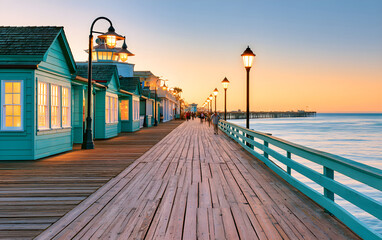 Fototapeta premium Oceanfront boardwalk with light blue buildings, shops and lamp posts at sunset. People walk along the wooden pier near the sea. Relaxing coastal vacation scene