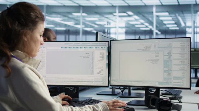 Engineer and colleagues supervise server room infrastructure components from an alternate angle, checking staff, data center systems and workstation activity.