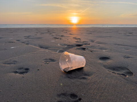 Discarded plastic cup littering sandy beach at sunset