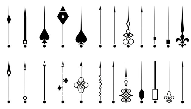Clock hands set includes diverse ornamental styles and simple pointer shapes designed for watch faces and professional horology restoration.