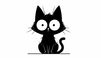 Cat silhouette with oversized eyes sits in a minimalist black and white graphic style illustration. © Awais