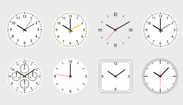 Clocks set features multiple analog timepieces with diverse faces and styles for time management.