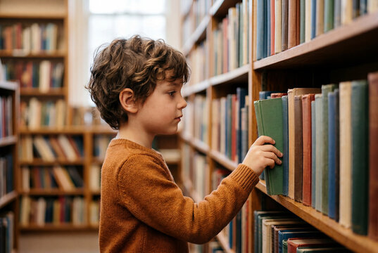 Young boy pulling a green book from a library shelf