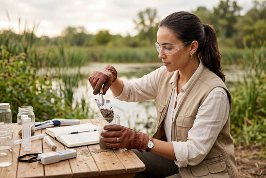 Female scientist taking soil samples for environmental analysis outdoors