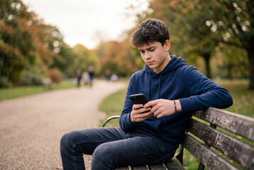 Obraz premium Teenage boy in a blue hoodie sitting on a park bench and scrolling on his smartphone outdoors