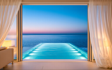 Fototapeta premium View from indoors through sheer curtains to an infinity pool at twilight. Ocean horizon shows soft pink and blue sky hues. Modern coastal home luxury serene ambiance.