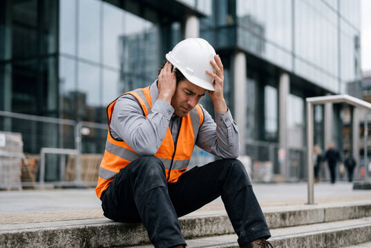 Stressed construction worker sitting on city stairs with hands on head