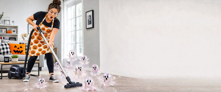 Extreme Ghost Vacuuming House Chores Humor Concept
