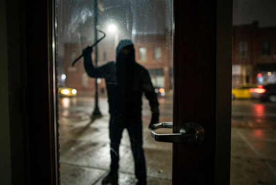 Masked burglar holding crowbar outside glass door at night