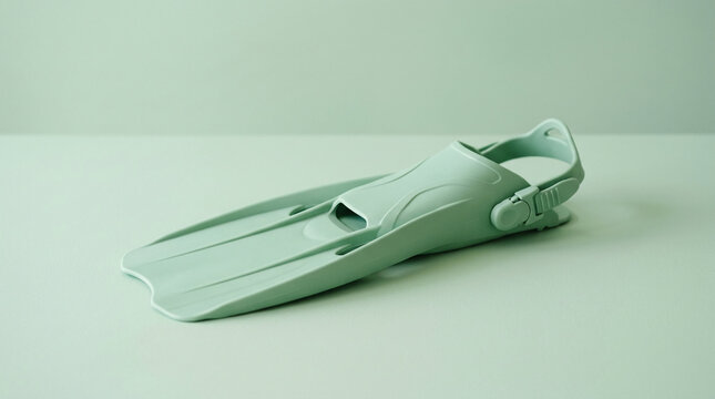 A light green swimming fin lies on a matching surface, representing water sports and aquatic exploration, ideal for summer themes