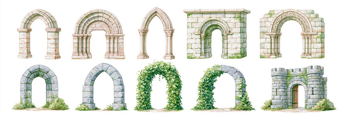 Naklejka premium Set of fantasy architectural arches in various styles and details.