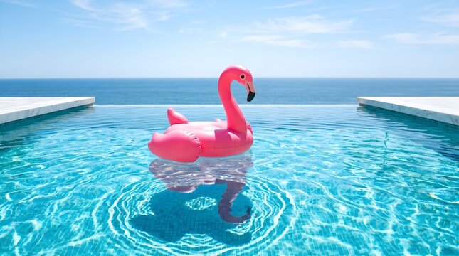 Pink inflatable flamingo floating on clear blue swimming pool water reflecting sky