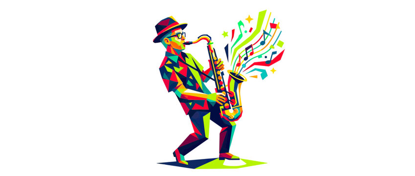 Man Playing Saxophone with Colorful Music Notes