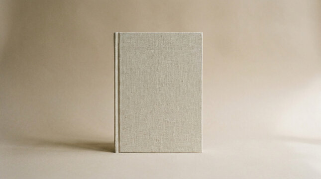 Plain beige linen book cover, isolated on a warm beige background, symbolizing knowledge, stories, or a blank canvas for creative expression