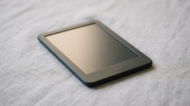Gray electronic reader with a dark screen rests on a light, textured fabric, symbolizing digital knowledge and modern reading.