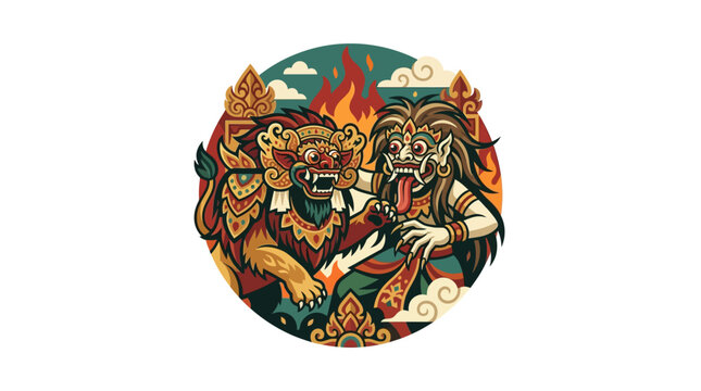 Fire themed circular art of Barong and Rangda faces.