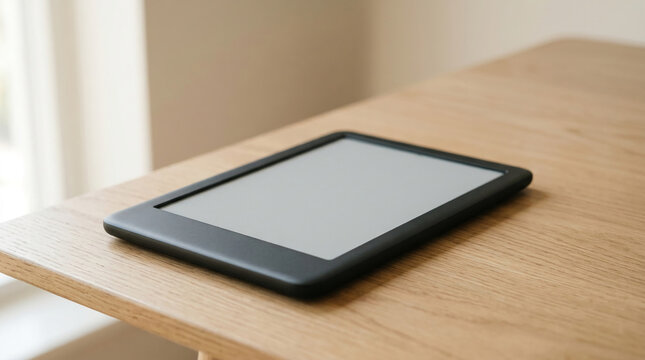 Black electronic reader on a wooden table, representing digital reading, modern education, and convenient access to literature, suitable for technology concepts