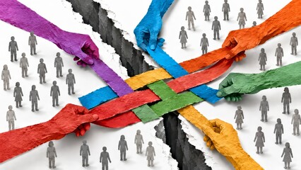 Fototapeta premium Colorful hands weaving interconnected strips to bridge a deep divide between crowds of people, symbolizing collaboration, teamwork, unity, diversity, and collective problem-solving
