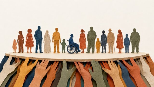 Diverse community silhouettes standing on a shared platform held aloft by many hands, symbolizing inclusion, accessibility, multigenerational support, cooperation, and solidarity.
