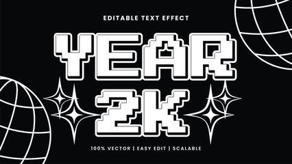 Editable Year 2K pixel font text effect with geometric globe and star elements © Lifasm