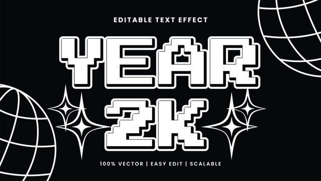 Editable Year 2K pixel font text effect with geometric globe and star elements