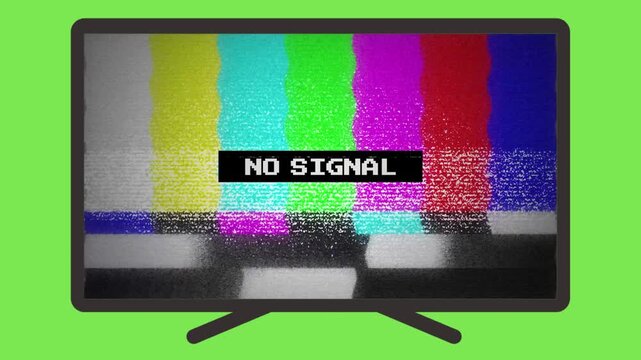 Television screen displaying static and 'NO SIGNAL' text against a green background, symbolizing technical issues or a loss of connection
