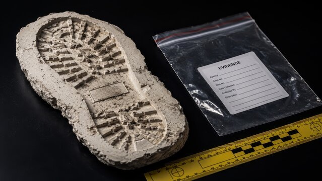 Detailed plaster cast of a shoe tread impression from a crime scene, displayed alongside a sealed evidence bag and a forensic measurement ruler on a black background