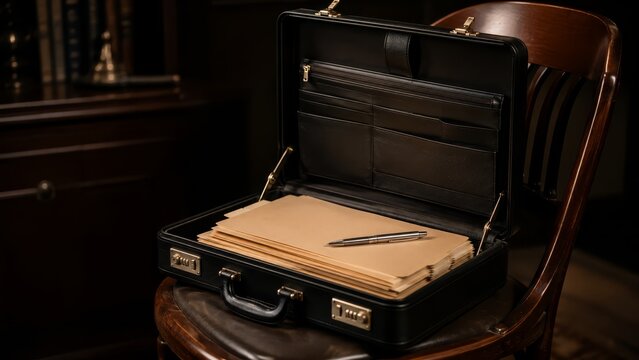Open black leather briefcase on a wooden chair in a dim executive office, containing stacked manila folders and a pen, evoking business papers and confidential documents.
