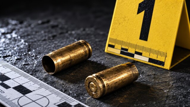 Close-up of two spent brass shell casings on a dark textured surface beside a yellow evidence marker with measurement scale, photographed at a crime scene