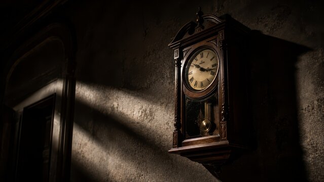 Antique wooden pendulum wall clock mounted on a textured plaster wall, illuminated by dramatic low light and casting long shadows in an atmospheric vintage interior scene.