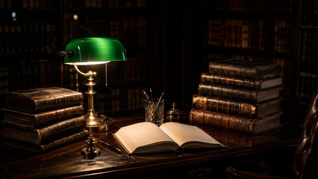 Open antique book on a polished wooden desk illuminated by a green banker lamp, surrounded by stacked leather-bound volumes and shadowy bookshelves in a vintage library study