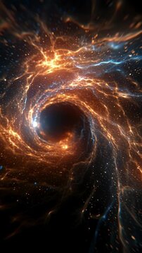 Abstract cosmic vortex with glowing orange and blue energy streams swirling in space.