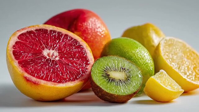 Assorted sliced citrus fruits and kiwi on white.