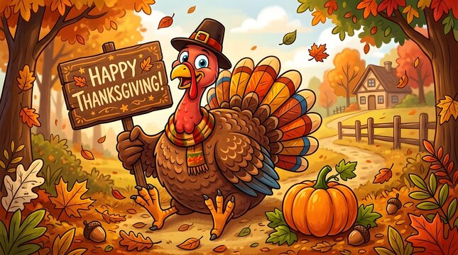 Cartoon turkey holding happy thanksgiving sign in autumn scene