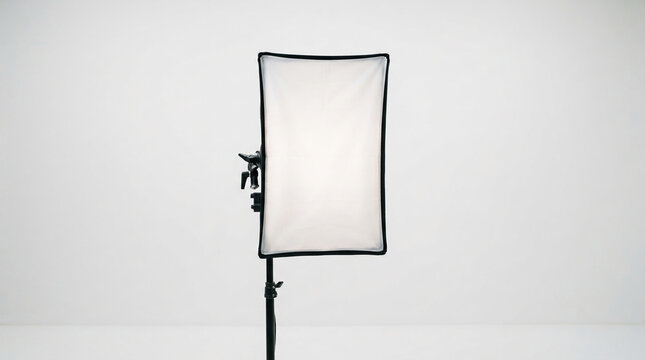 A rectangular softbox light modifier on a stand, creating diffused light, ideal for studio photography setups and visual presentation