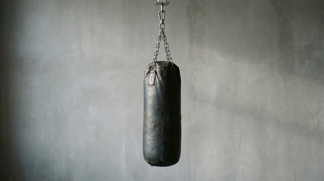 Black punching bag hanging against a concrete wall, symbolizing strength, training, and a classic gym aesthetic.