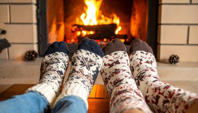 Two fluffy cats snuggling by warm fireplace.