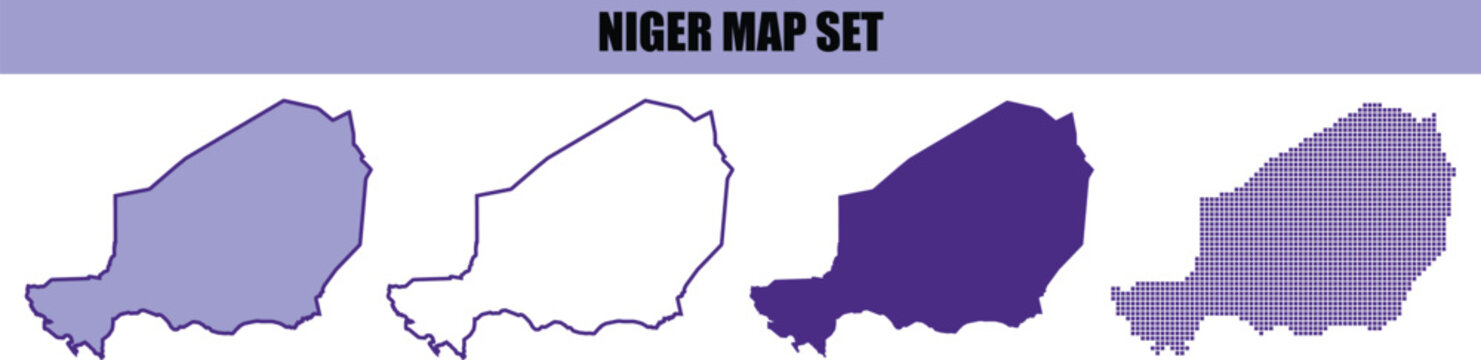 A collection of four different graphic styles representing the country map of niger in various blue and purple color design variations