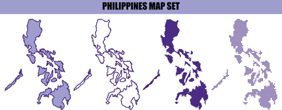 A collection of four different stylized map designs of the philippines featuring various artistic representations and geographic outlines for graphic design projects