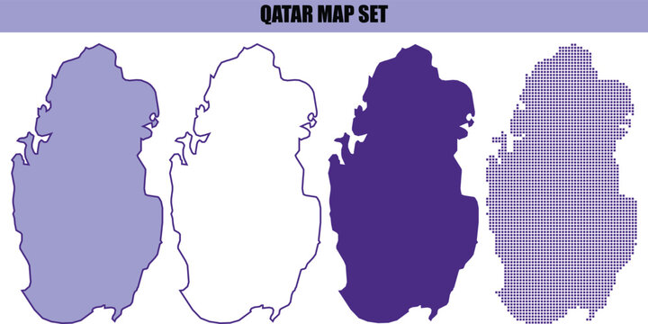A collection of four distinct qatar country map silhouettes featuring solid colors outline style and a decorative purple grid pattern design