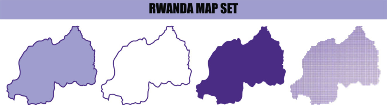 A comprehensive set of rwanda map illustrations featuring various styles including solid colors outline designs and patterned textures for geographic presentations