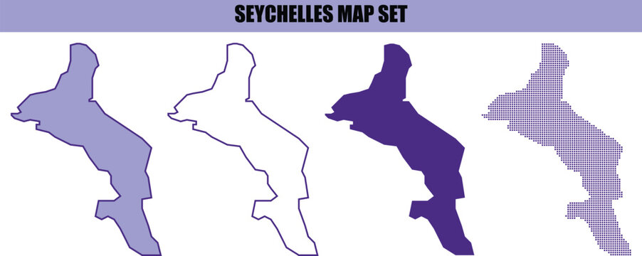 A set of four stylized map silhouettes of the country of seychelles showing different artistic graphic design styles and patterns