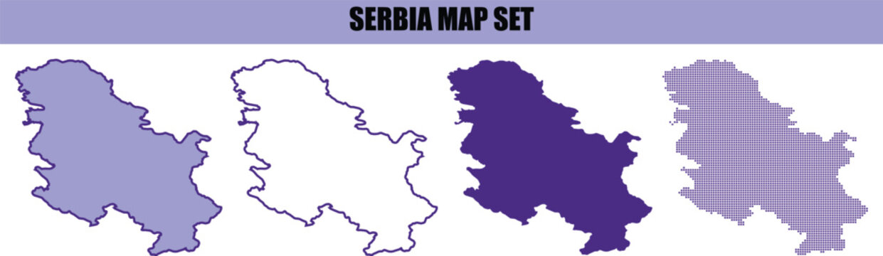A collection of serbia map designs featuring various artistic styles including solid colors outlines and a trendy purple plaid pattern