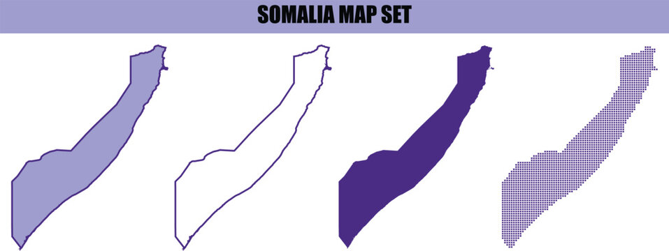 A digital graphic showing the country of somalia in four different styles including solid color outline and halftone dot pattern variations