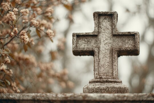 Lowangle view of simple stone cross against blue sky