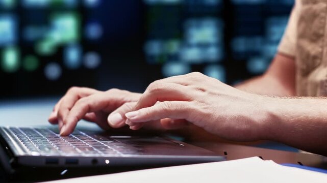 Engineer evaluates high computing power across server rigs in a data center, supporting demanding applications, analytics and hyperscale workloads.