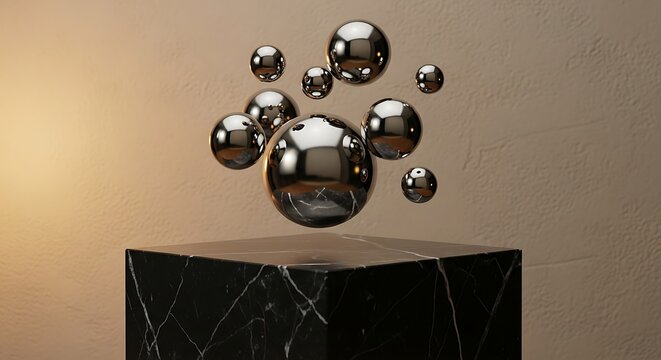 Shiny Metallic Spheres Floating Above Marble Pedestal